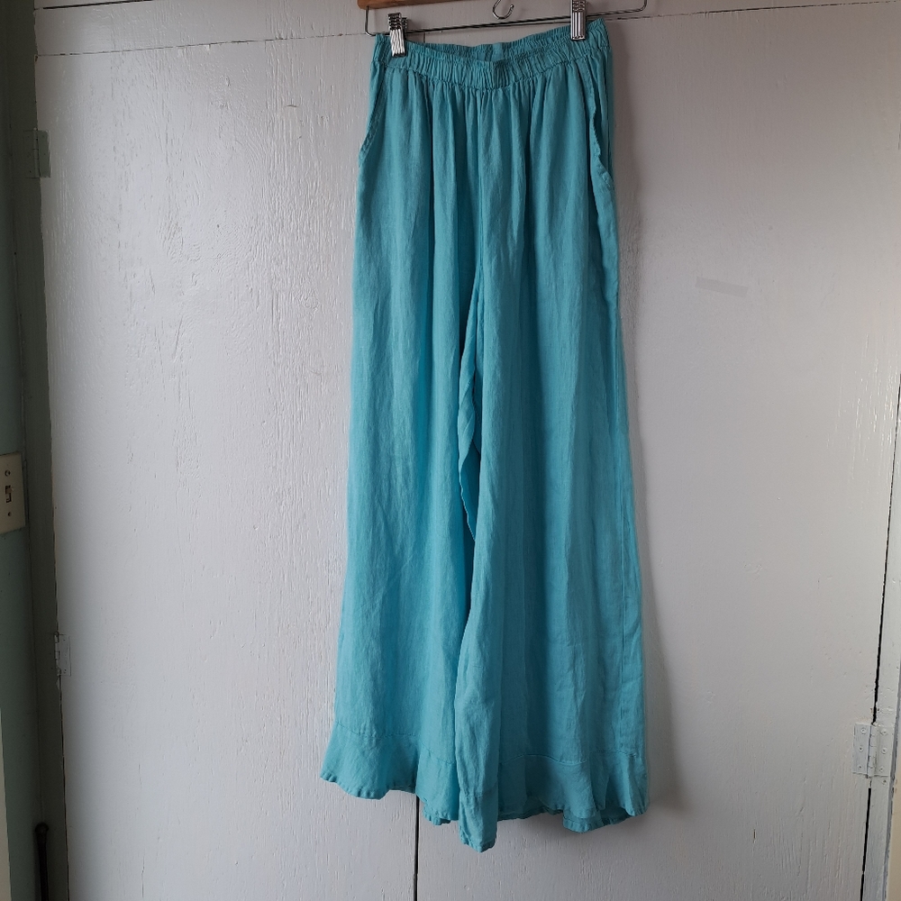 Match Point Linen Wide Leg Pants Peplum Cuff SZ S